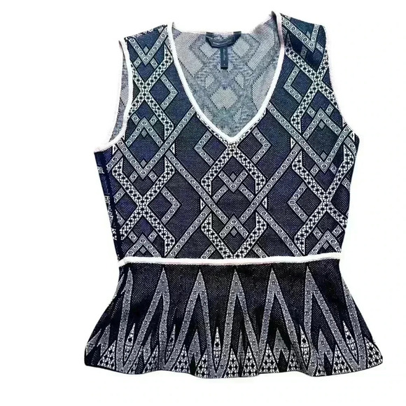 BCBGMAXAZRIA Black Combo Alonya Twill Knit Jacquard Peplum Top Size S - Picture 2 of 7